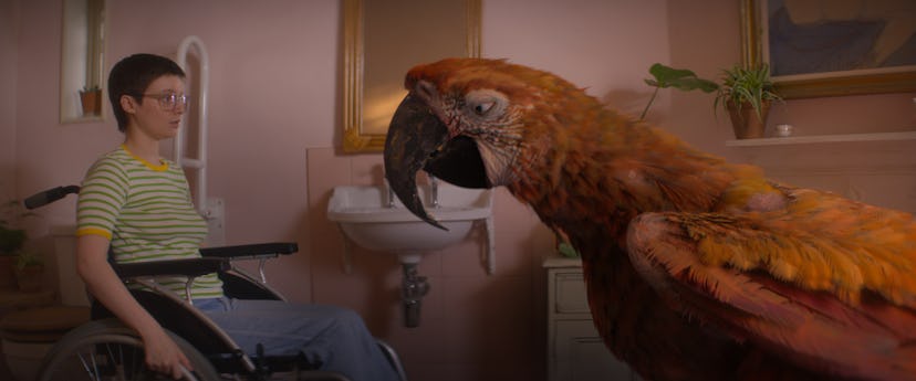Tuesday and Death as a parrot share a moment together in her bathroom.