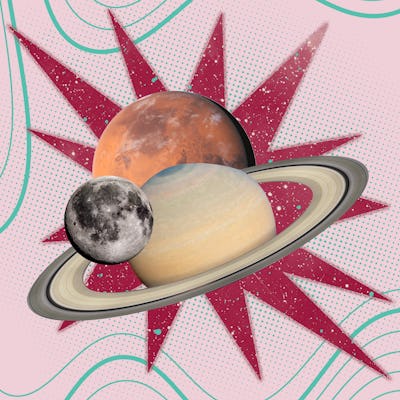 Stylized space illustration featuring Saturn, Mars, and the Moon surrounded by red starburst designs on a pink dotted background.