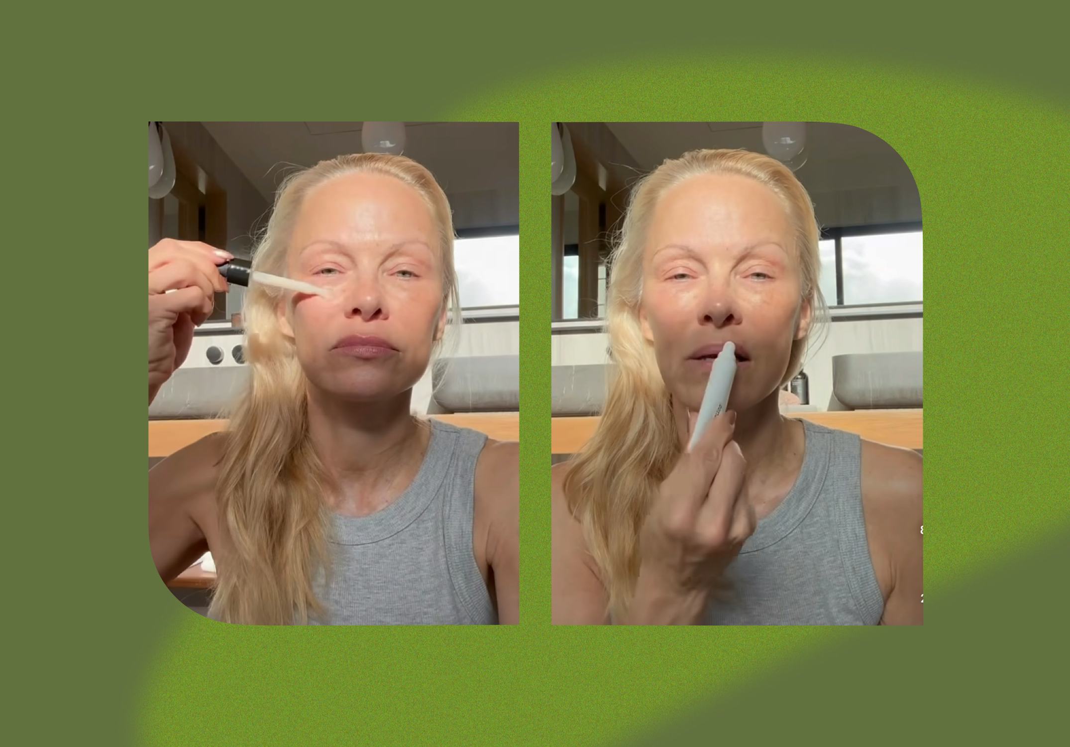 Pamela Anderson shares her skin care routine on Instagram reels.