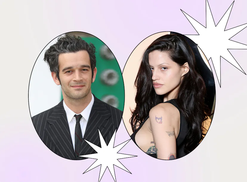 A graphic split into two circular frames, with a man in a suit on the left and a tattooed woman on t...