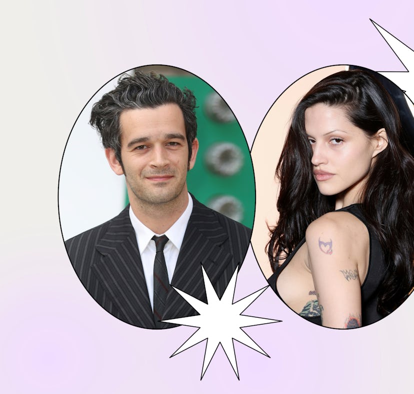 A graphic split into two circular frames, with a man in a suit on the left and a tattooed woman on t...