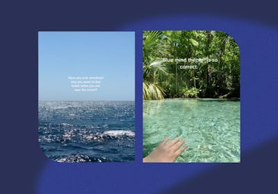 A diptych with two scenes: the left showing a rough, open ocean, the right depicting a hand submerged in clear, tranquil water surrounded by lush greenery.