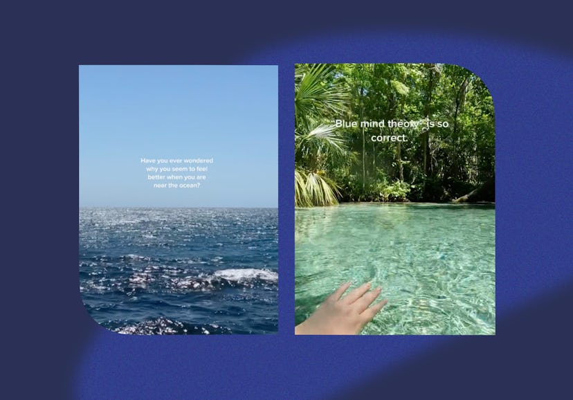 A diptych with two scenes: the left showing a rough, open ocean, the right depicting a hand submerge...
