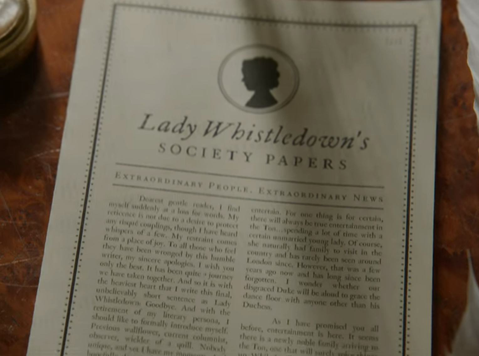 Lady Whistledown&rsquo;s column. Screenshot via Netflix