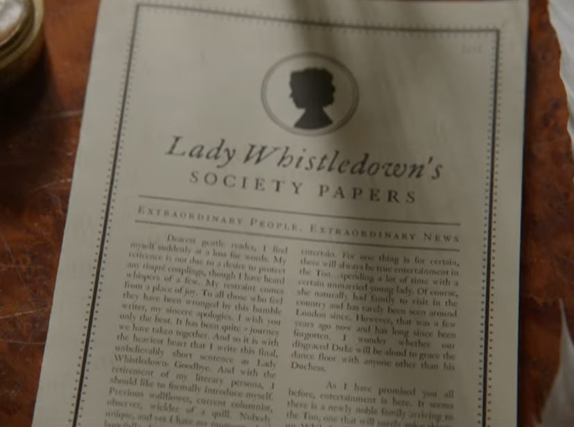 Lady Whistledown’s column. Screenshot via Netflix
