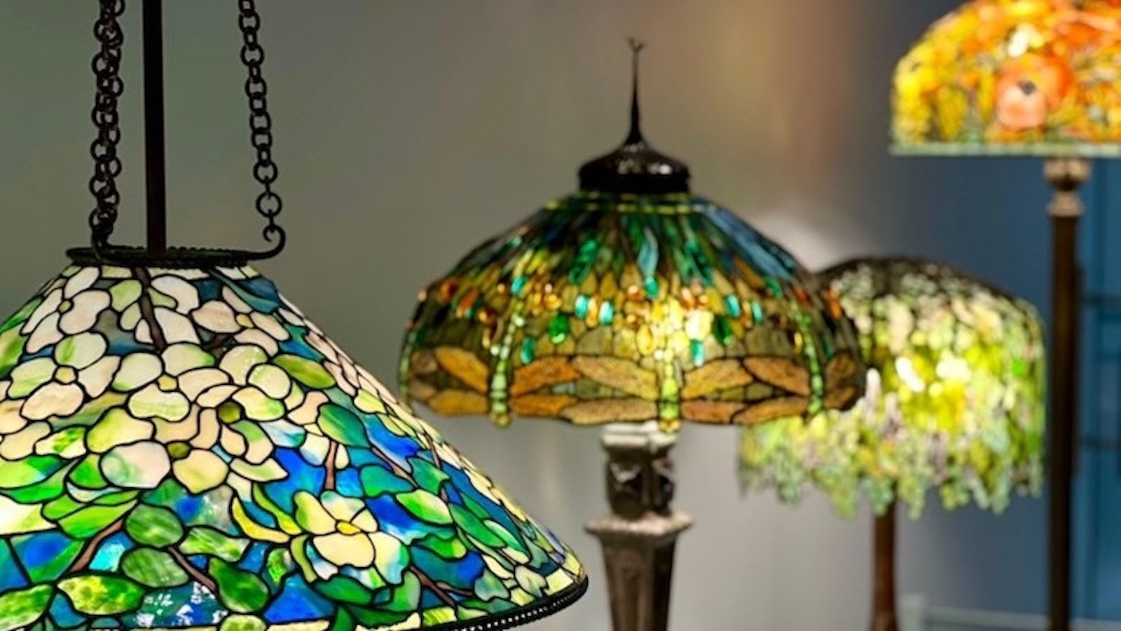 An assortment of lamps from The Neustadt collection of Tiffany glass.