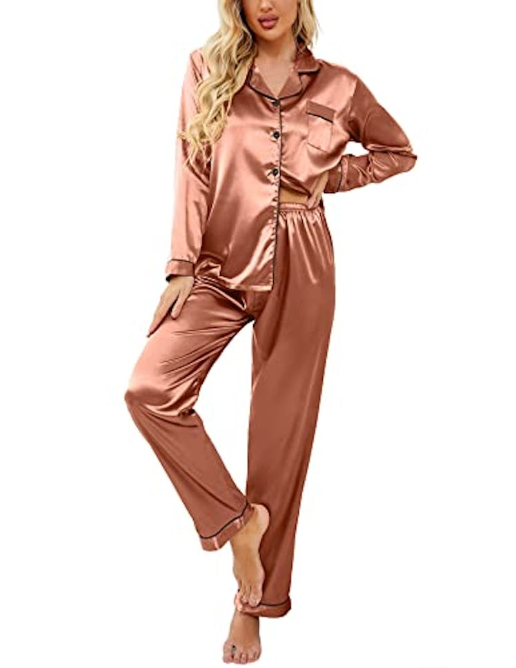 Ekouaer Button Down Satin Pajama Set 