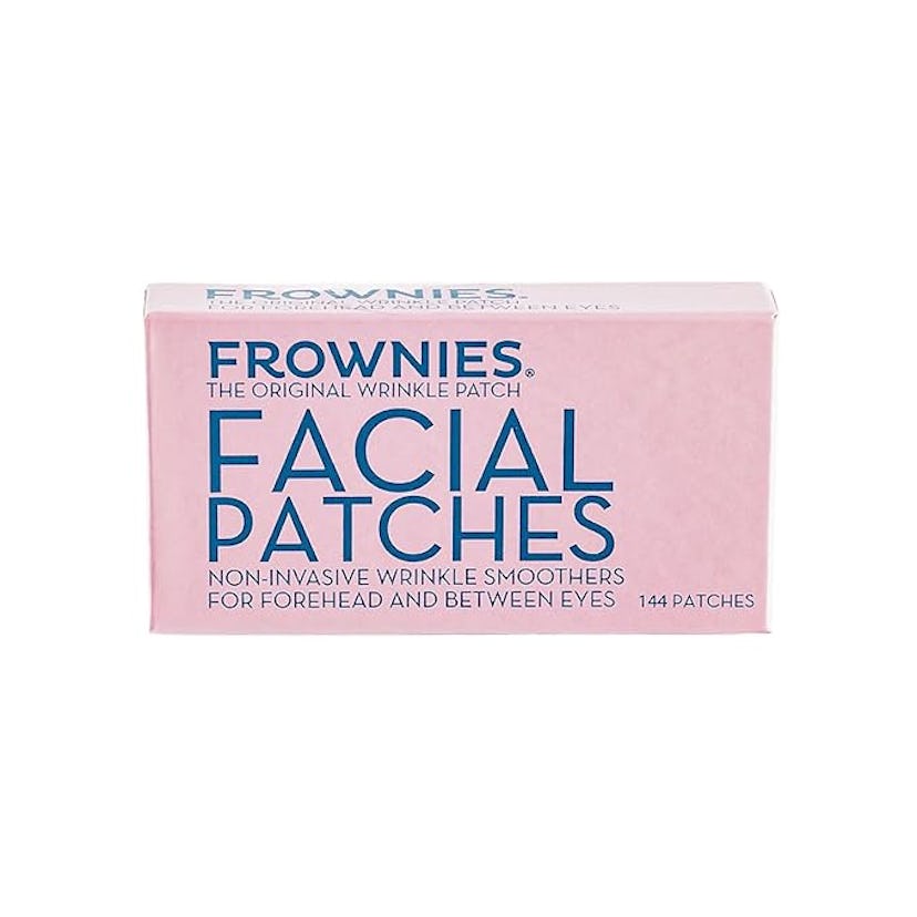 A box of Frownies Facial Patches labeled as "The Original Wrinkle Patch" for smoothing wrinkles on t...