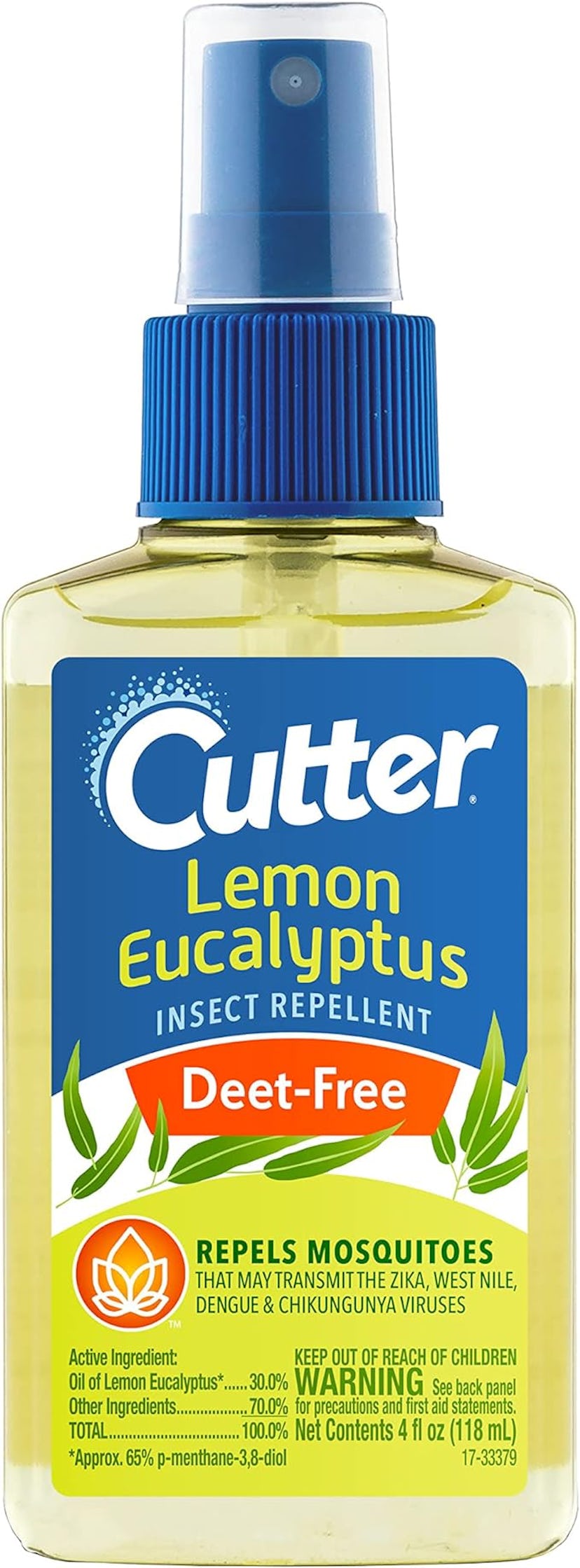 Bottle of Cutter Lemon Eucalyptus Insect Repellent, DEET-free, claims to repel mosquitoes carrying Z...