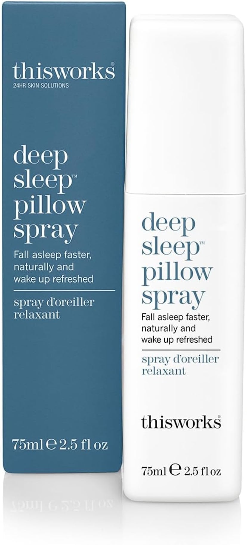 Bottle and box of 'thisworks deep sleep pillow spray' with descriptions to help fall asleep faster a...