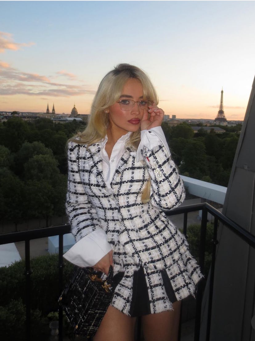 Sabrina Carpenter wears look 30 from Thom Browne’s Fall/Winter 2024 runway show while in Paris.