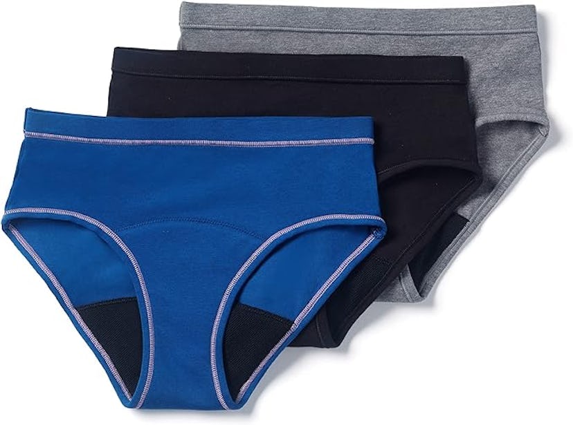 Thinx Teens Brief 3-Pack Period Underwear, blue black and gray