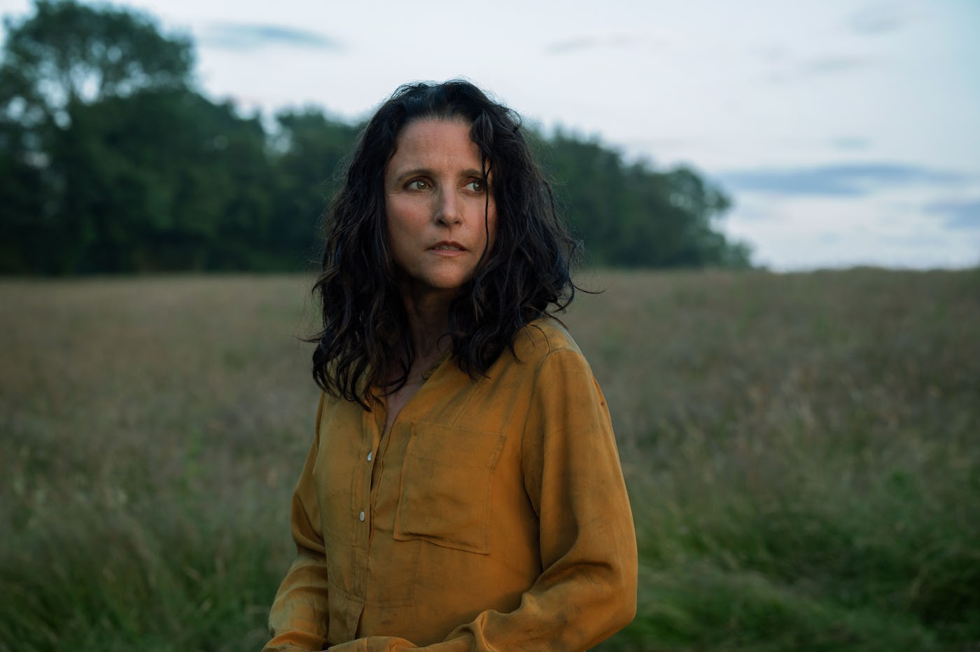 A woman with curly dark hair, wearing an ochre shirt, stands in a field at dusk, looking intensely to the side.