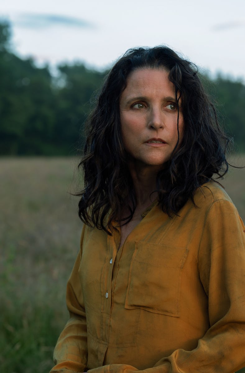 A woman with curly dark hair, wearing an ochre shirt, stands in a field at dusk, looking intensely t...
