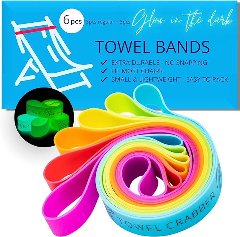 Multicolored towel bands displayed with icons showing a glow-in-the-dark feature and text highlighti...