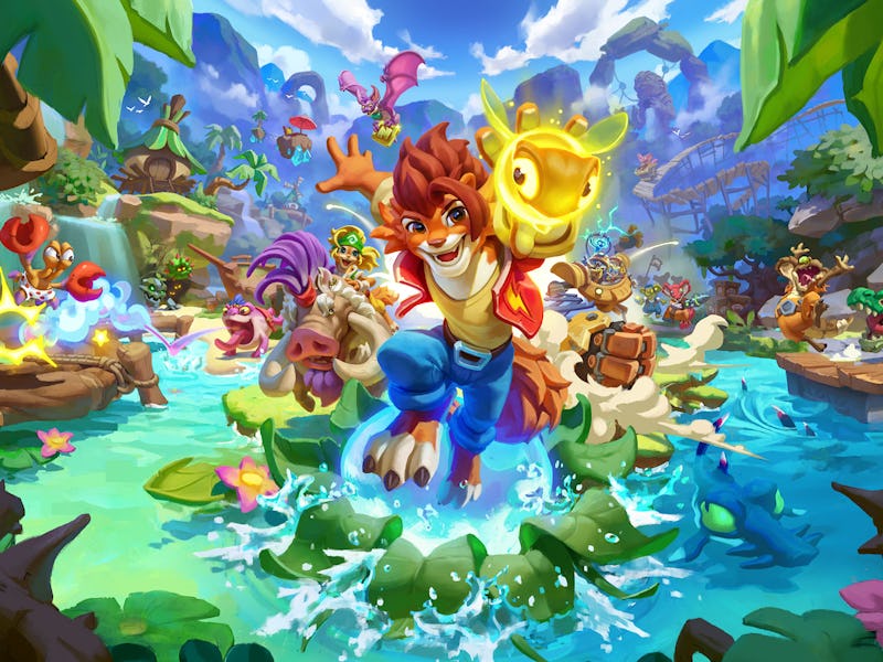Vibrant game illustration showing a cartoon lion surfing a wave in a lush, animated jungle filled wi...