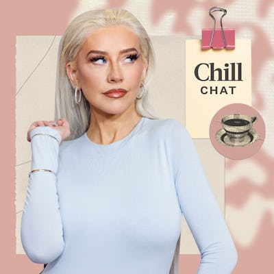 A woman with platinum blonde hair posing pensively in a blue top, against a backdrop featuring a "Chill Chat" note and a graphic of a coffee cup.