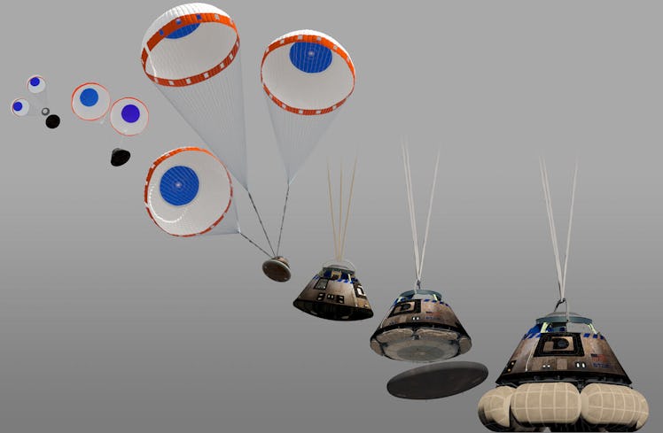 This illustration shows a sequence of six steps by which the Boeing Starliner deploys parachutes and...