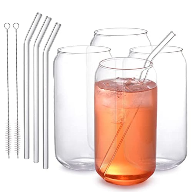 WHOLE HOUSEWARES Drinking Glasses with Glass Straw (4-Pack)