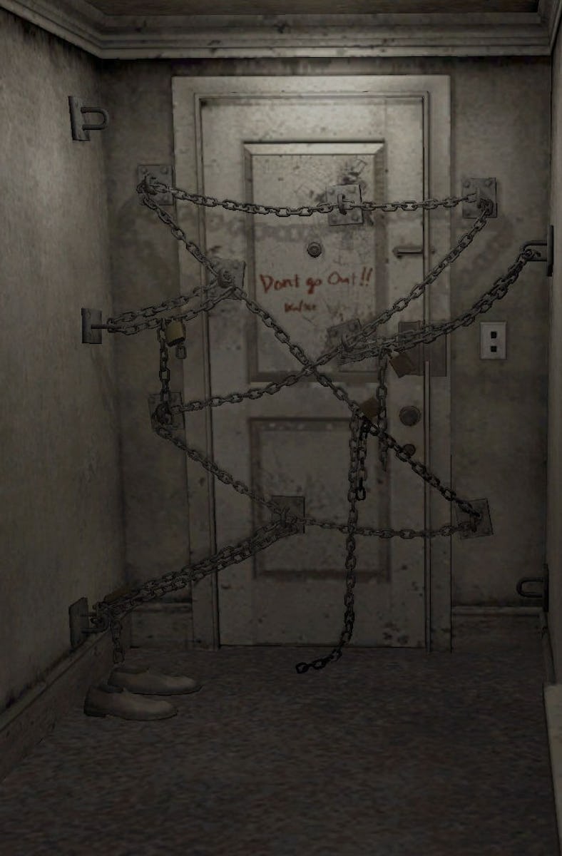 Silent Hil 4 screenshot of Henry Townshend's locked apartment door.