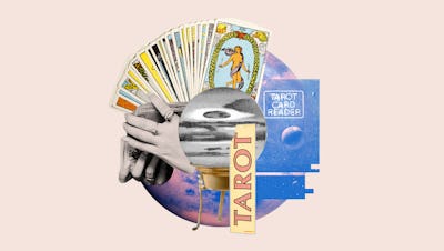 Collage featuring a hand holding tarot cards, planets, and a book labeled "Tarot Card Reader" with a celestial background.