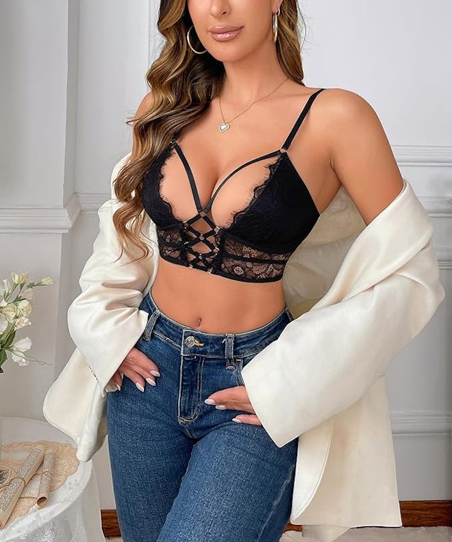 Buitifo Criss-Cross Eyelash Lace Bralette