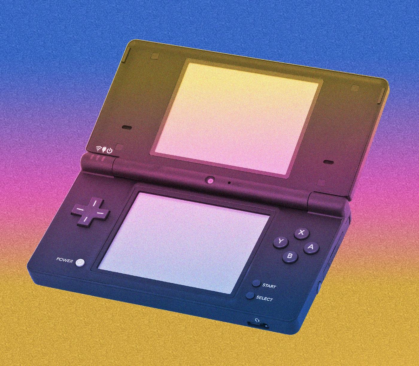 A Nintendo DS Lite handheld gaming console displayed open, against a gradient purple and yellow background.