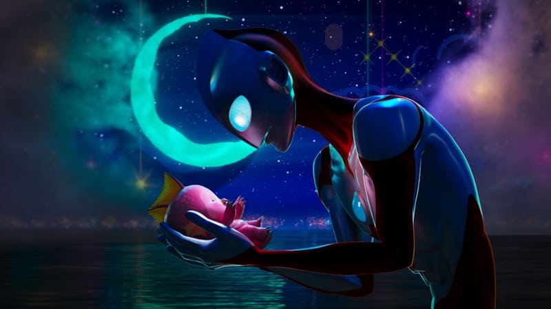 An alien gently cradles a glowing human baby under a cosmic sky lit by a nebula and stars.