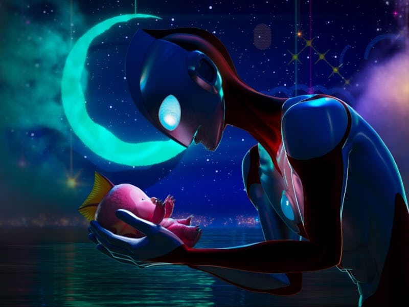 An alien gently cradles a glowing human baby under a cosmic sky lit by a nebula and stars.
