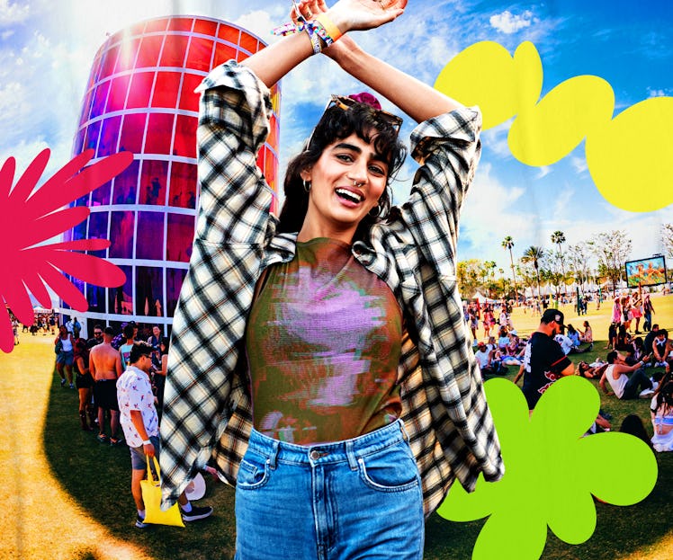 A joyful person with arms raised at a vibrant outdoor festival, surrounded by colorful abstract shap...