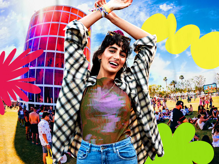 A joyful person with arms raised at a vibrant outdoor festival, surrounded by colorful abstract shap...