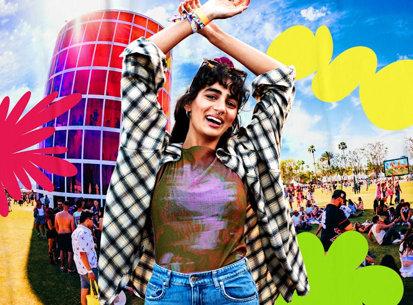 A joyful person with arms raised at a vibrant outdoor festival, surrounded by colorful abstract shap...