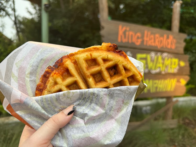I tried the 'Shrek' pizza waffle from DreamWorks Land in Universal Studios Florida. 