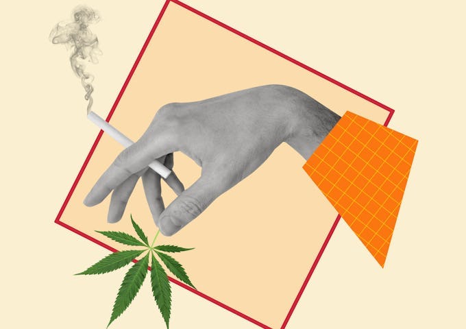 Collage of a hand holding a cigarette with smoke, a cannabis leaf, and a geometric pattern on a cream background.