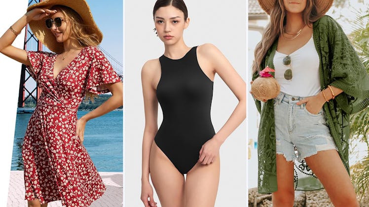Three women modeling different summer outfits: a floral dress, a black swimsuit, and a casual ensemb...