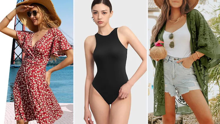 a floral dress, a black swimsuit, and a casual ensemb...