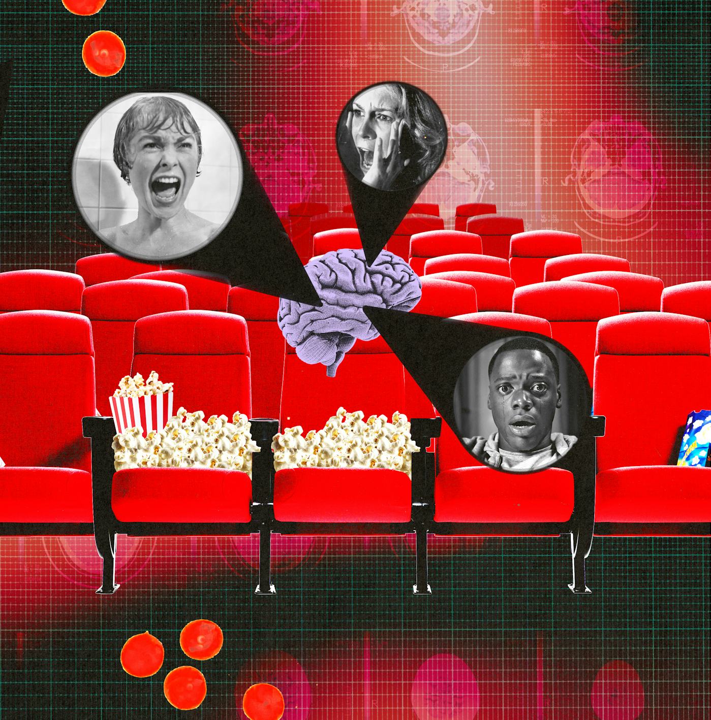 Collage of a cinema setting with red seats, popcorn, and faces in spotlight beams on a textured red background.