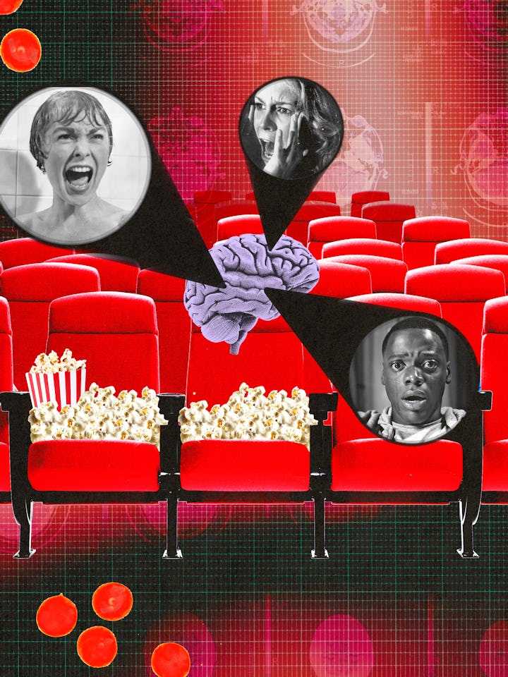 Collage of a cinema setting with red seats, popcorn, and faces in spotlight beams on a textured red ...