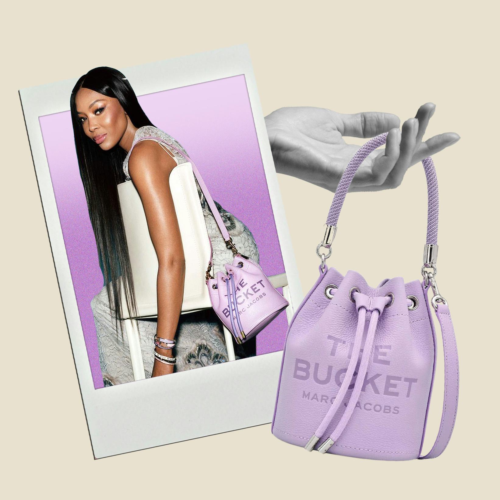 A woman holding a white &ldquo;The Tote Bag&rdquo; by Marc Jacobs, next to an image of a hand holding a purple &ldquo;&hellip;