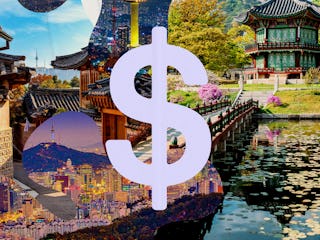 A collage featuring iconic South Korean landmarks, vibrant cityscapes, and natural beauty, overlaid ...