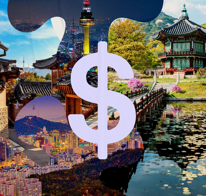 A collage featuring iconic South Korean landmarks, vibrant cityscapes, and natural beauty, overlaid ...