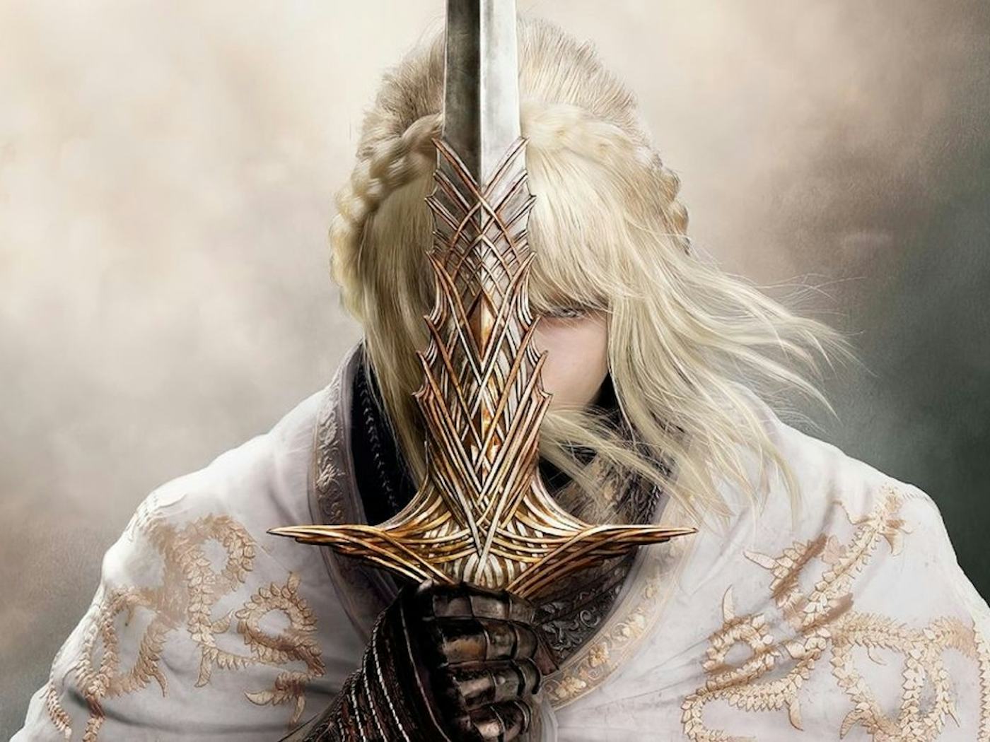 Blonde-haired female warrior in an ornate cloak, holding a sword vertically in front of her face, obscured by the blade and guard.