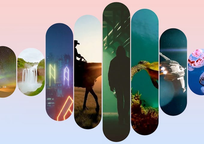 Collage of seven vertical ellipse shapes showcasing diverse scenes: waterfall, cityscape, soldier, silhouette, turtle, underwater, and painted eggs.