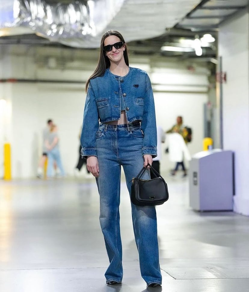 Indiana Fever player Caitlin Clark wore a full-denim outfit by Prada.