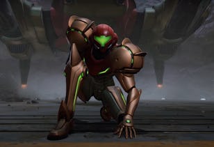 Samus Aran in her Power Suit crouches on a metallic surface, a spacecraft hovering ominously behind her.