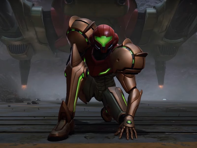 Samus Aran in her Power Suit crouches on a metallic surface, a spacecraft hovering ominously behind ...