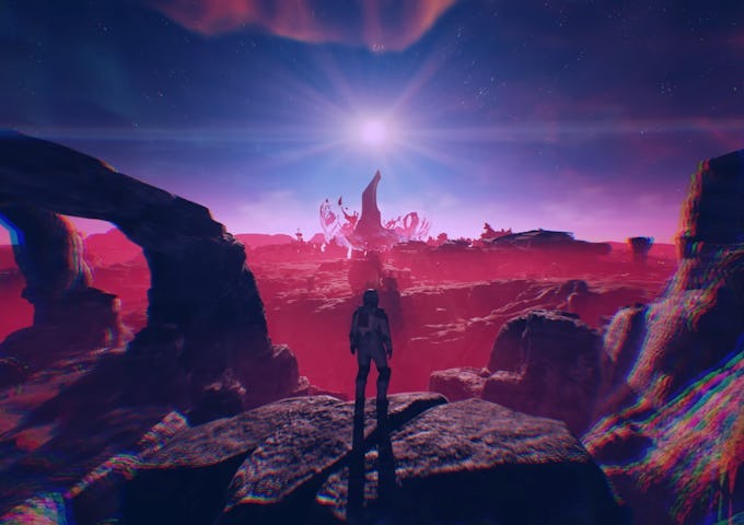 A figure in a spacesuit stands on a rocky terrain, facing a surreal sunset with vibrant hues and alien structures in the distance.