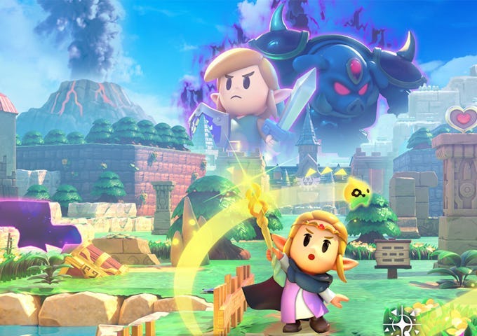 Animated characters from a video game battle in a colorful landscape, including a character using a sword and magic effects.