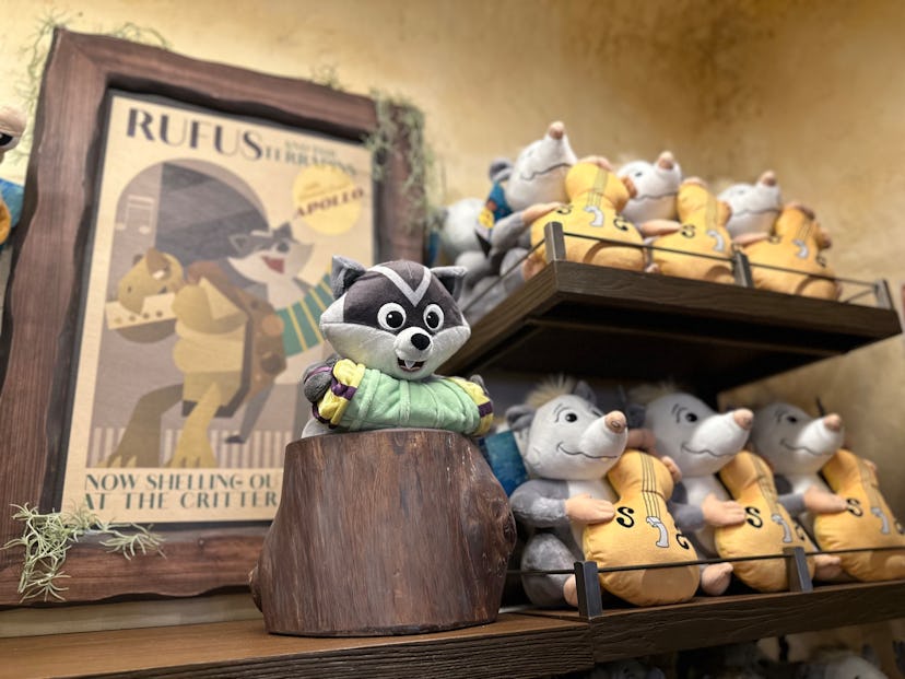 Plushies in the gift shop for Tiana's Bayou Adventure