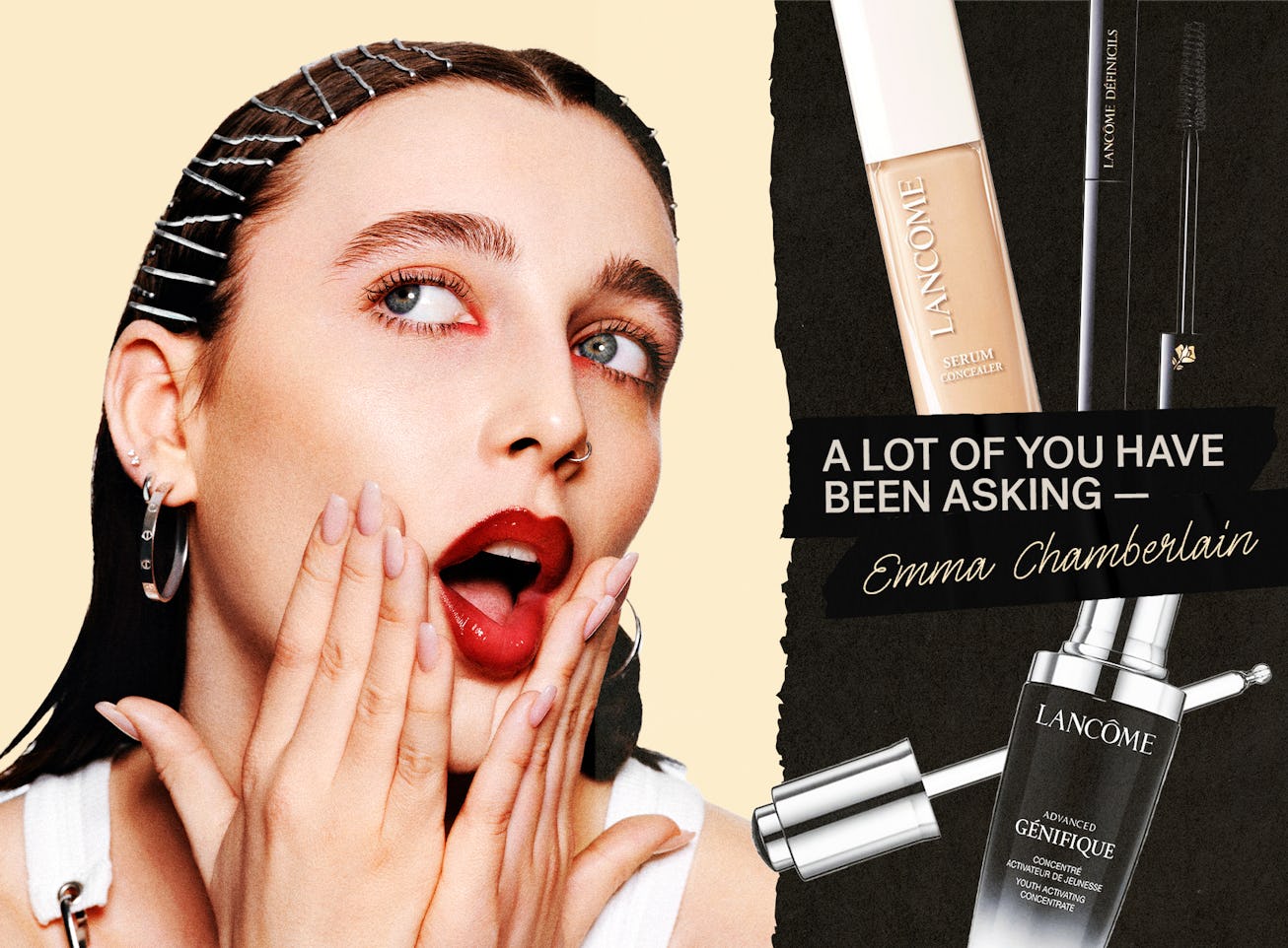 Ad featuring a surprised woman with beauty products from Lancome, including text "A lot of you have ...
